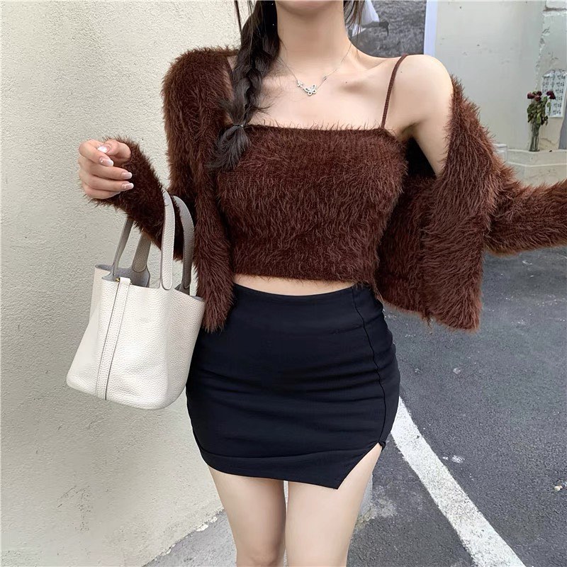 Furry cardigan & crop singlet set