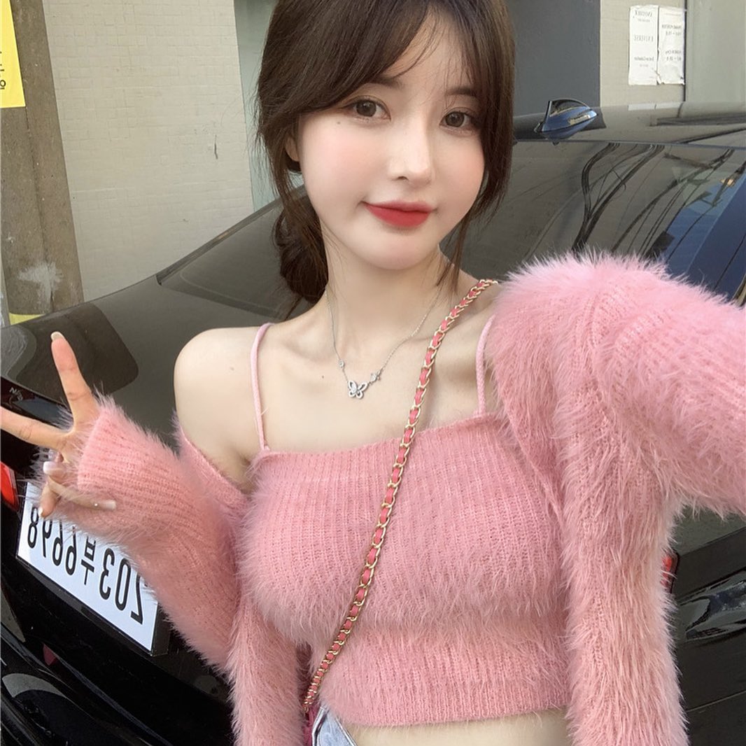 Furry cardigan & crop singlet set