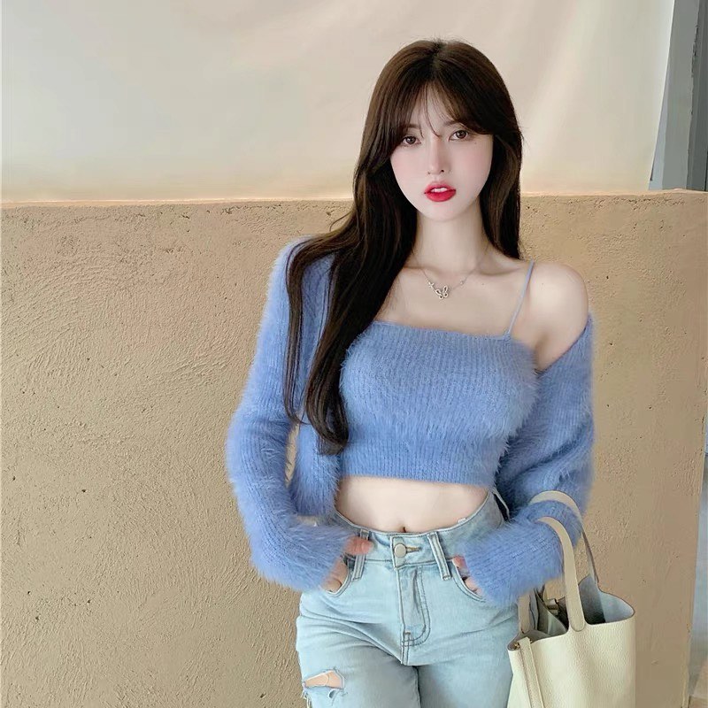 Furry cardigan & crop singlet set