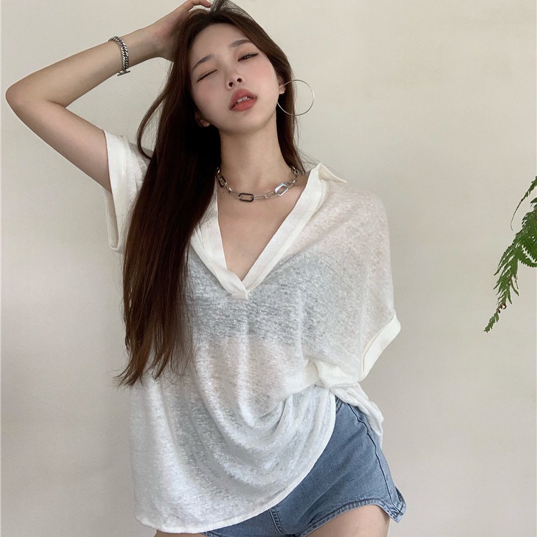 White translucent V neck oversized blouse