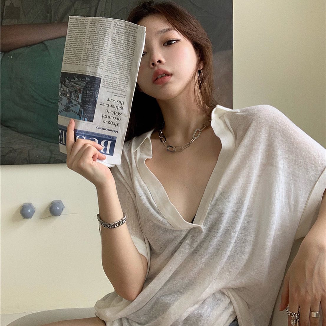 White translucent V neck oversized blouse