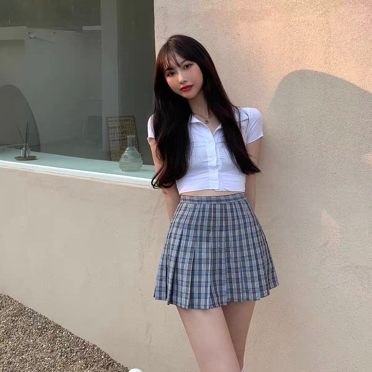 White polo crop top & blue high waist tennis skirt set wear