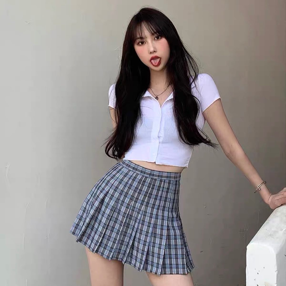 White polo crop top & blue high waist tennis skirt set wear