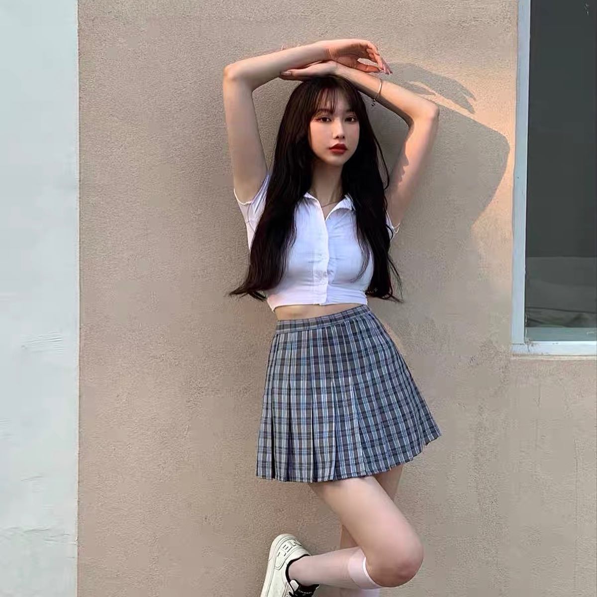 White polo crop top & blue high waist tennis skirt set wear