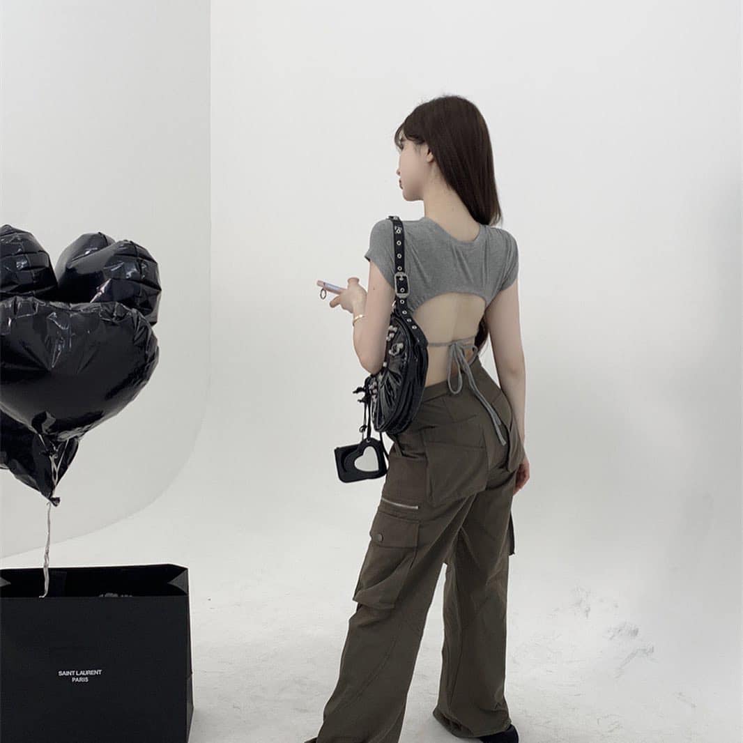 Short Sleeve Sexy Drawstring Back Top