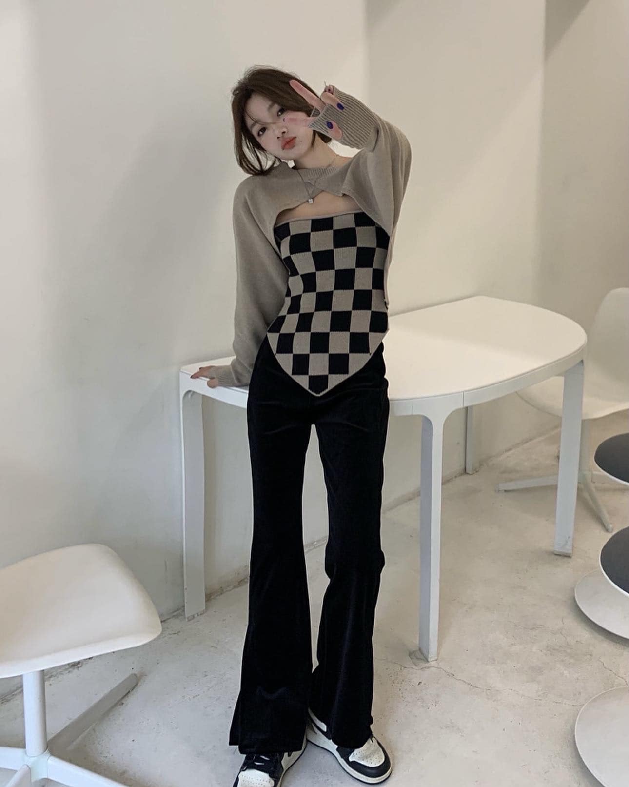 Khaki Knitted Outer & Checkered Singlet Set