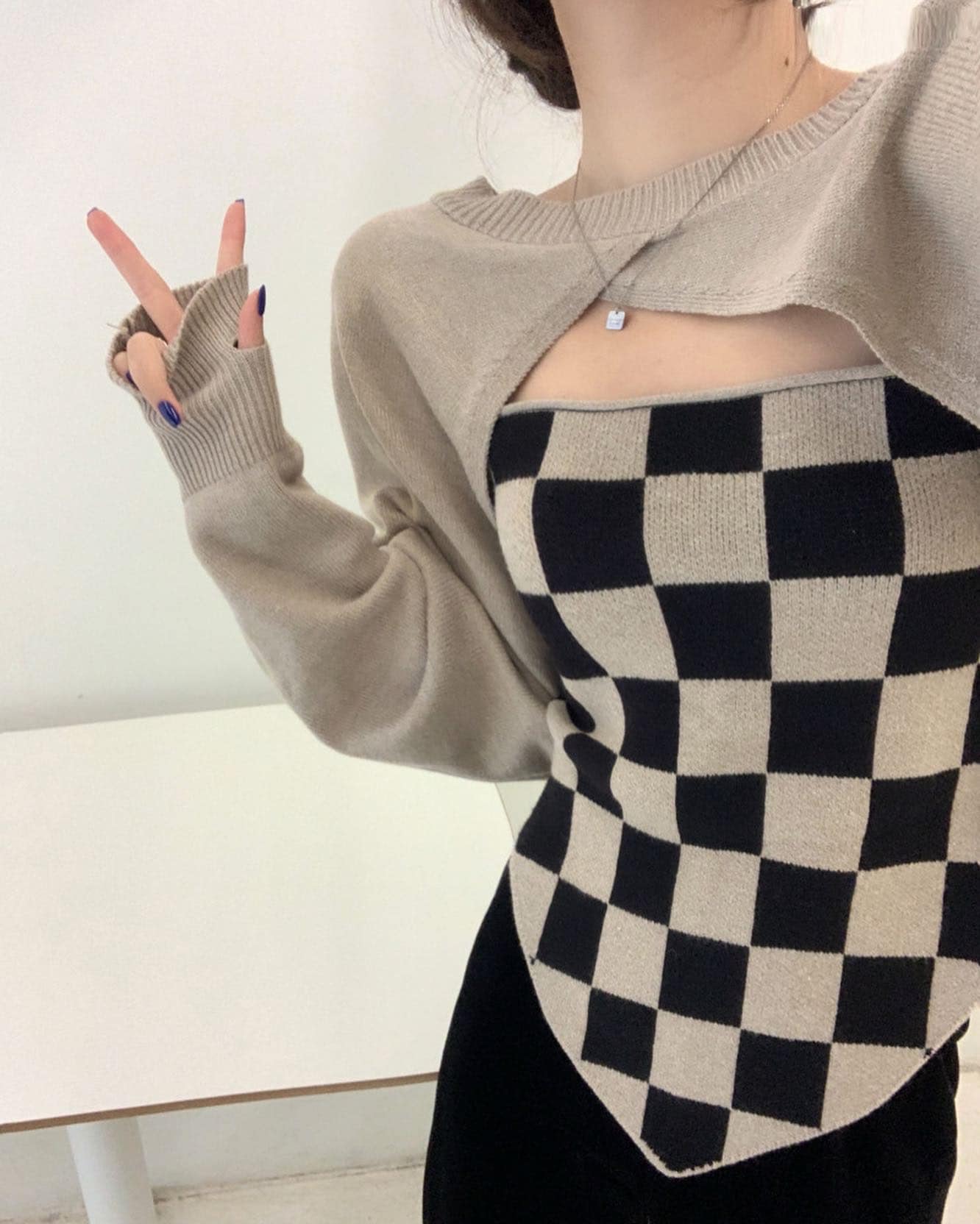 Khaki Knitted Outer & Checkered Singlet Set