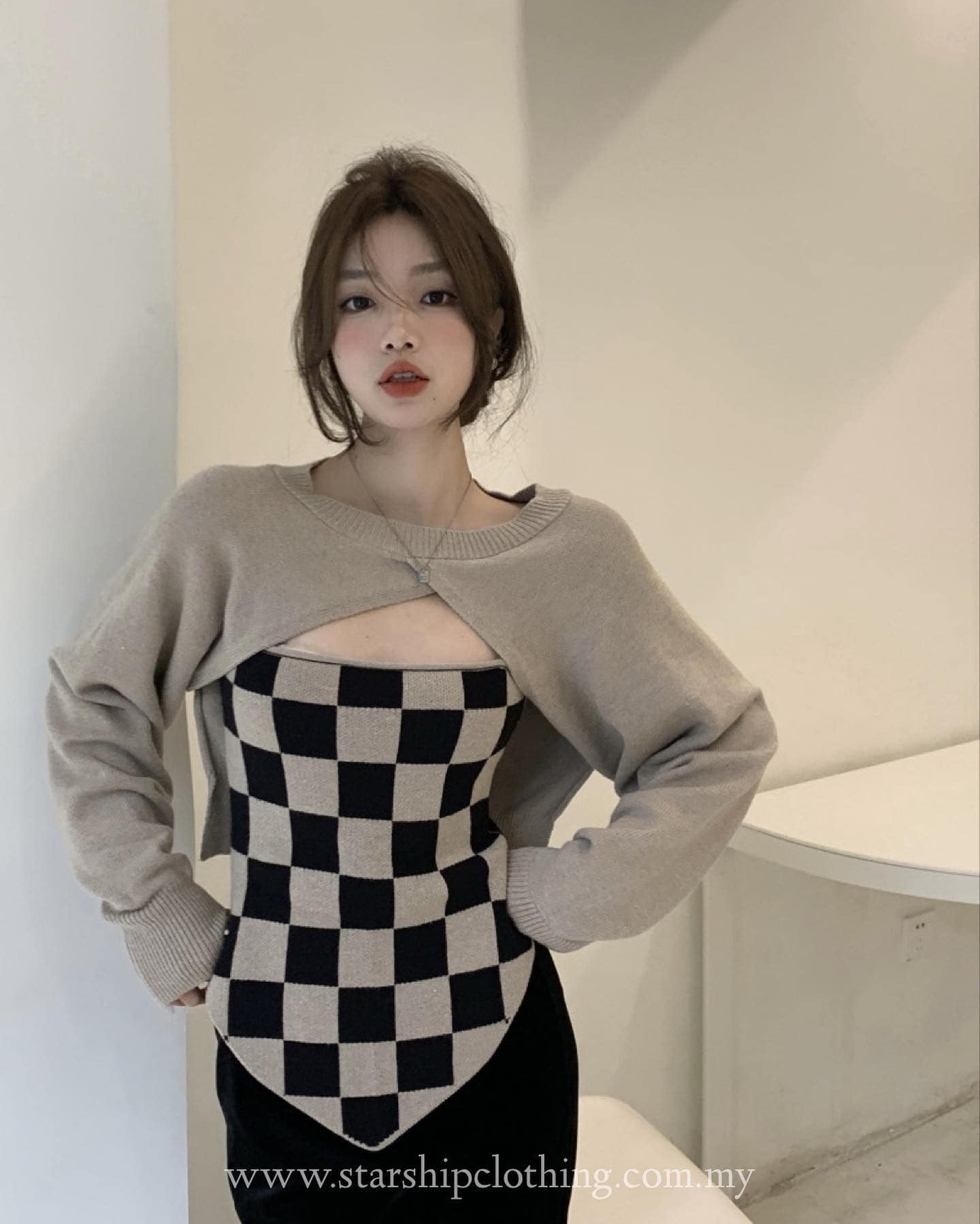 Khaki Knitted Outer & Checkered Singlet Set