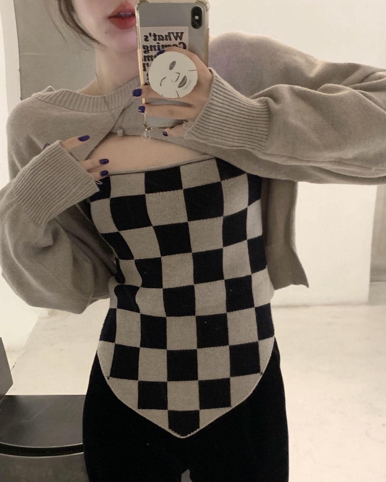 Khaki Knitted Outer & Checkered Singlet Set