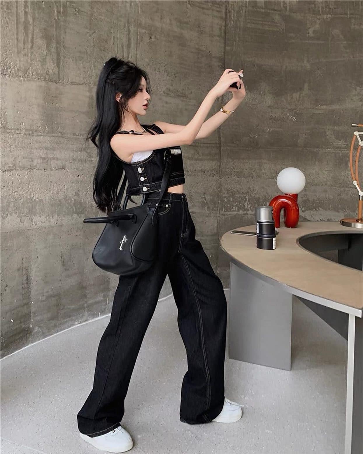 Black Denim Sleeveless Top & Denim Pants Set