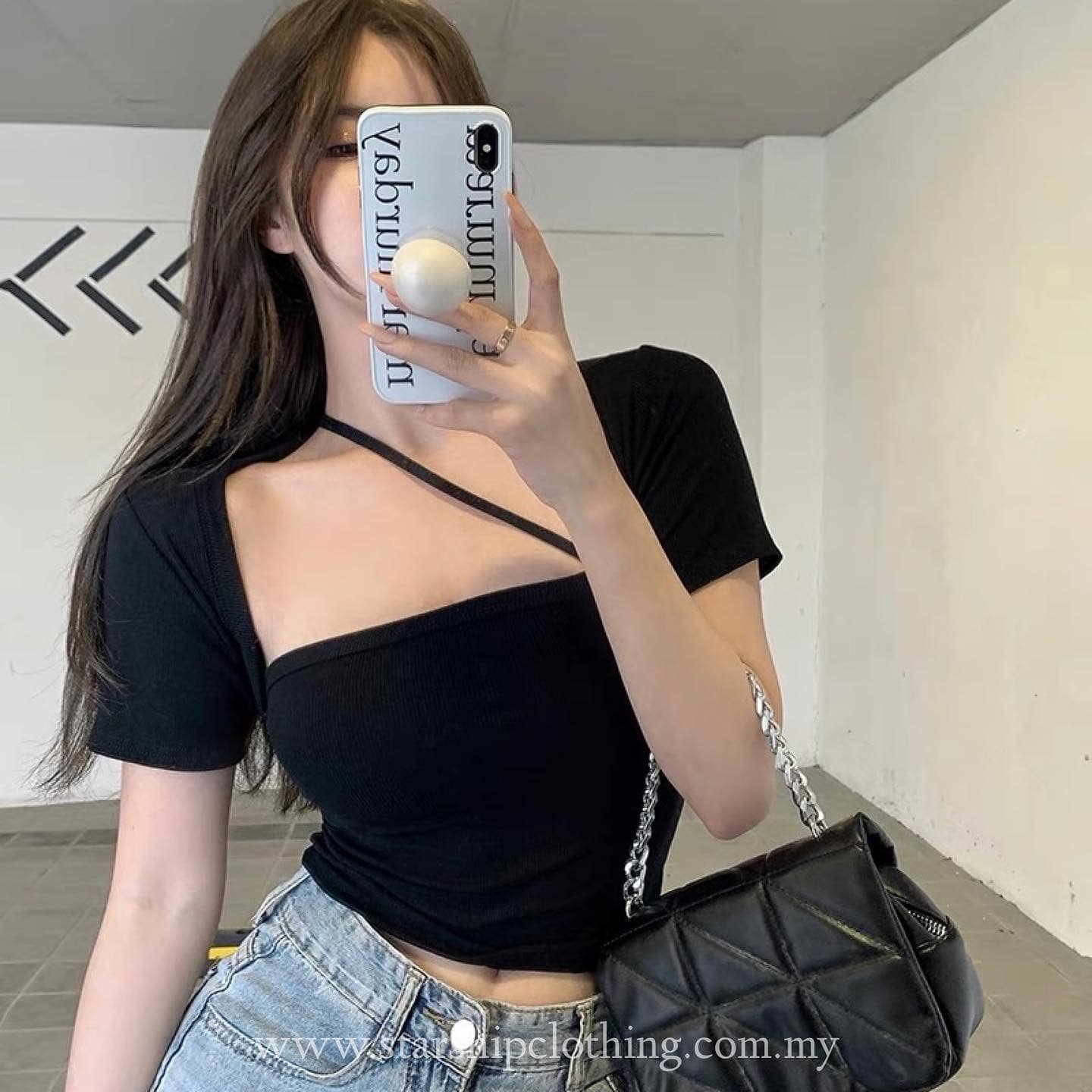 Short Sleeve Slanted Strap Crop Top