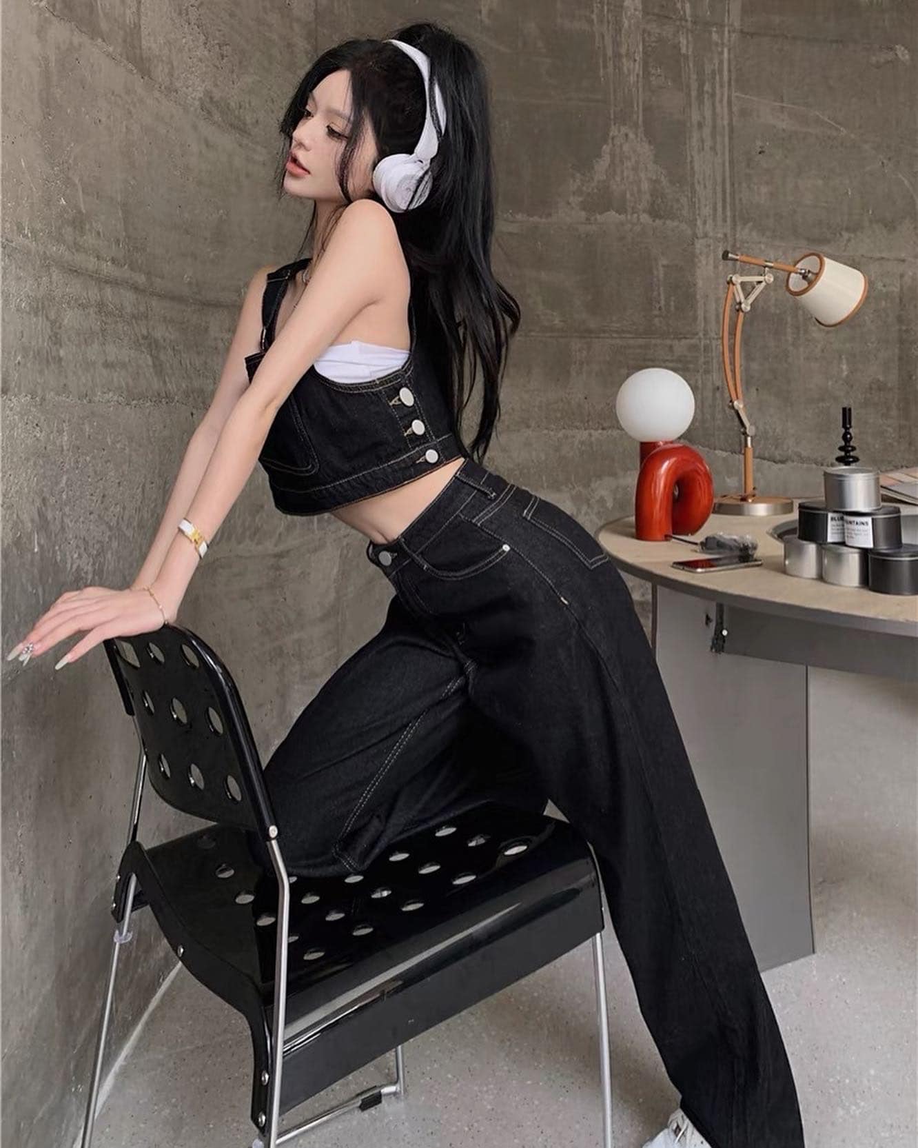 Black Denim Sleeveless Top & Denim Pants Set