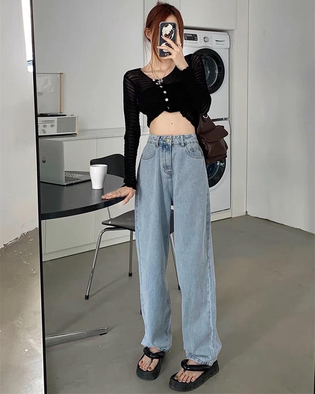 Embroidered Blue Denim High Waist Pants
