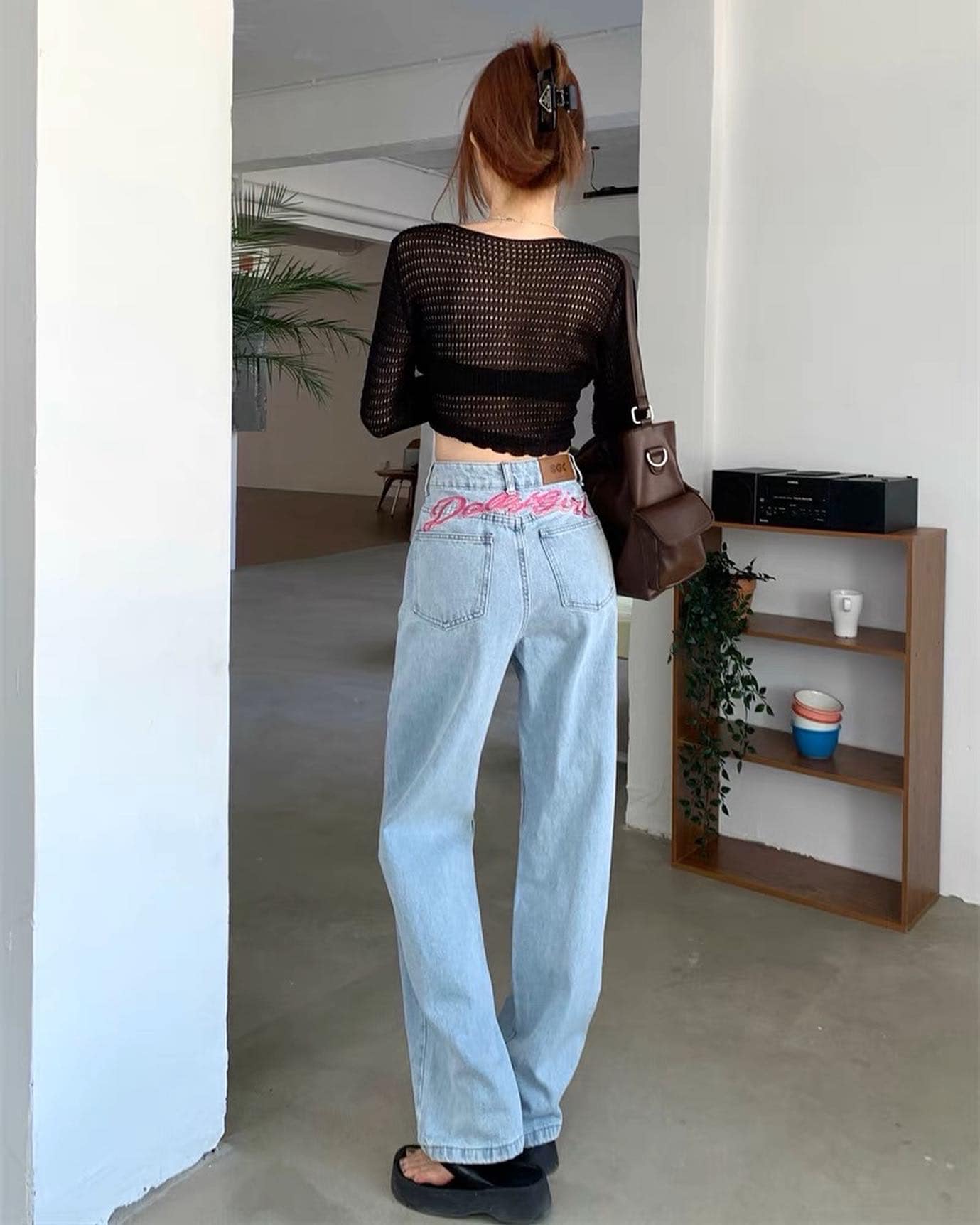 Embroidered Blue Denim High Waist Pants