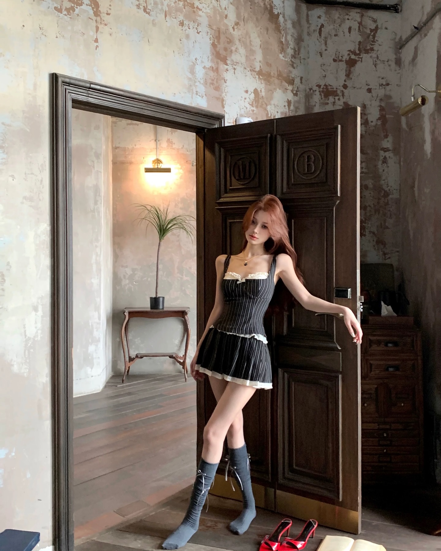 Lace Trim Black Sleeveless Top & Skirt Set