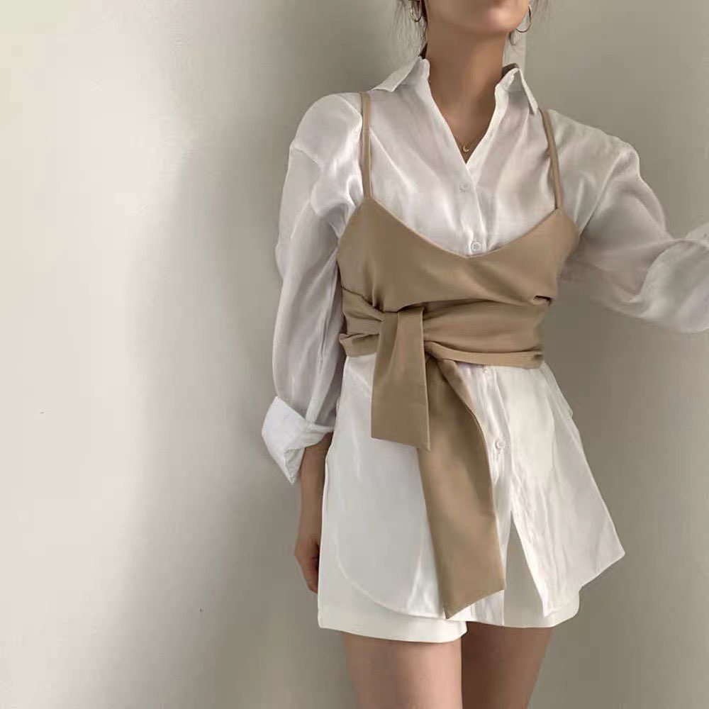 White shirt & self tie vest