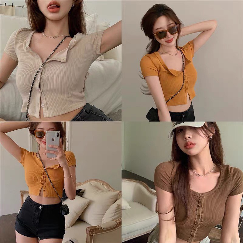 Knitted short sleeve button crop top