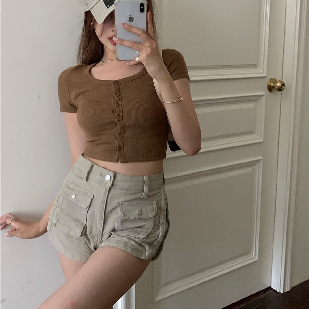 Knitted short sleeve button crop top
