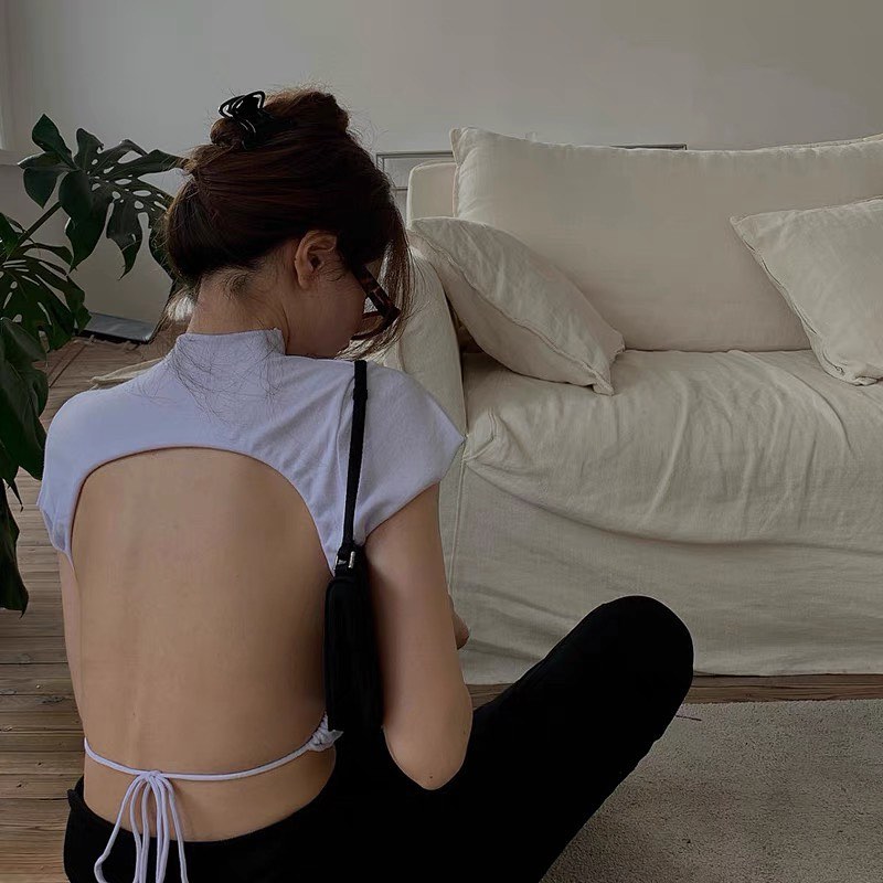 White turtle neck bare back top