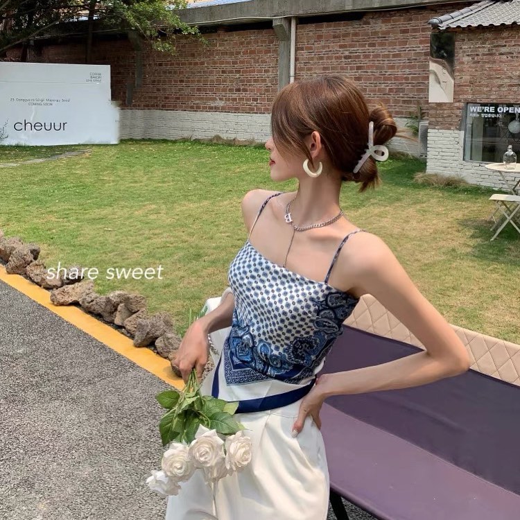 Blue printing self tie scarf top