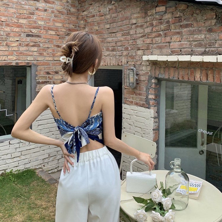 Blue printing self tie scarf top