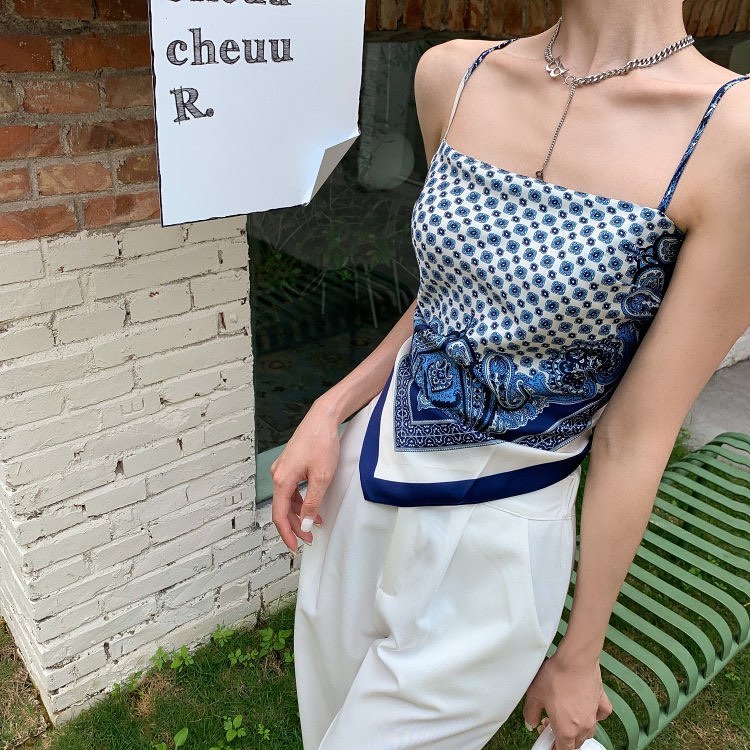Blue printing self tie scarf top