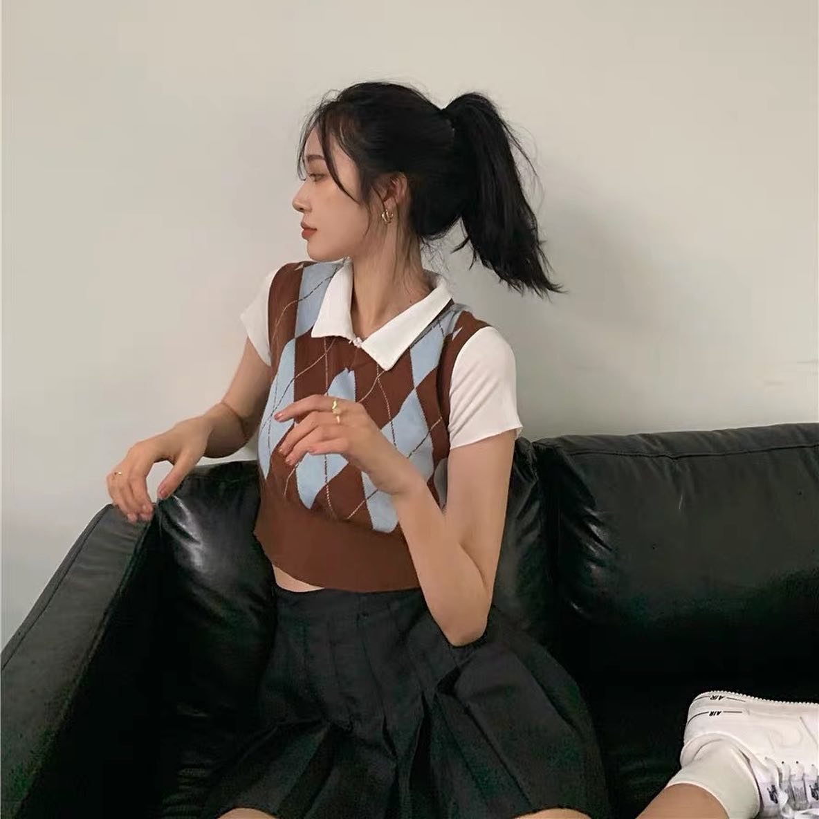 Knitted crop vest & inner polo tee set