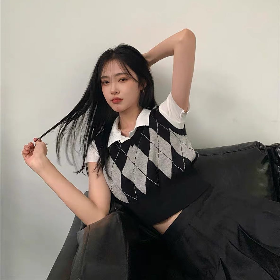 Knitted crop vest & inner polo tee set