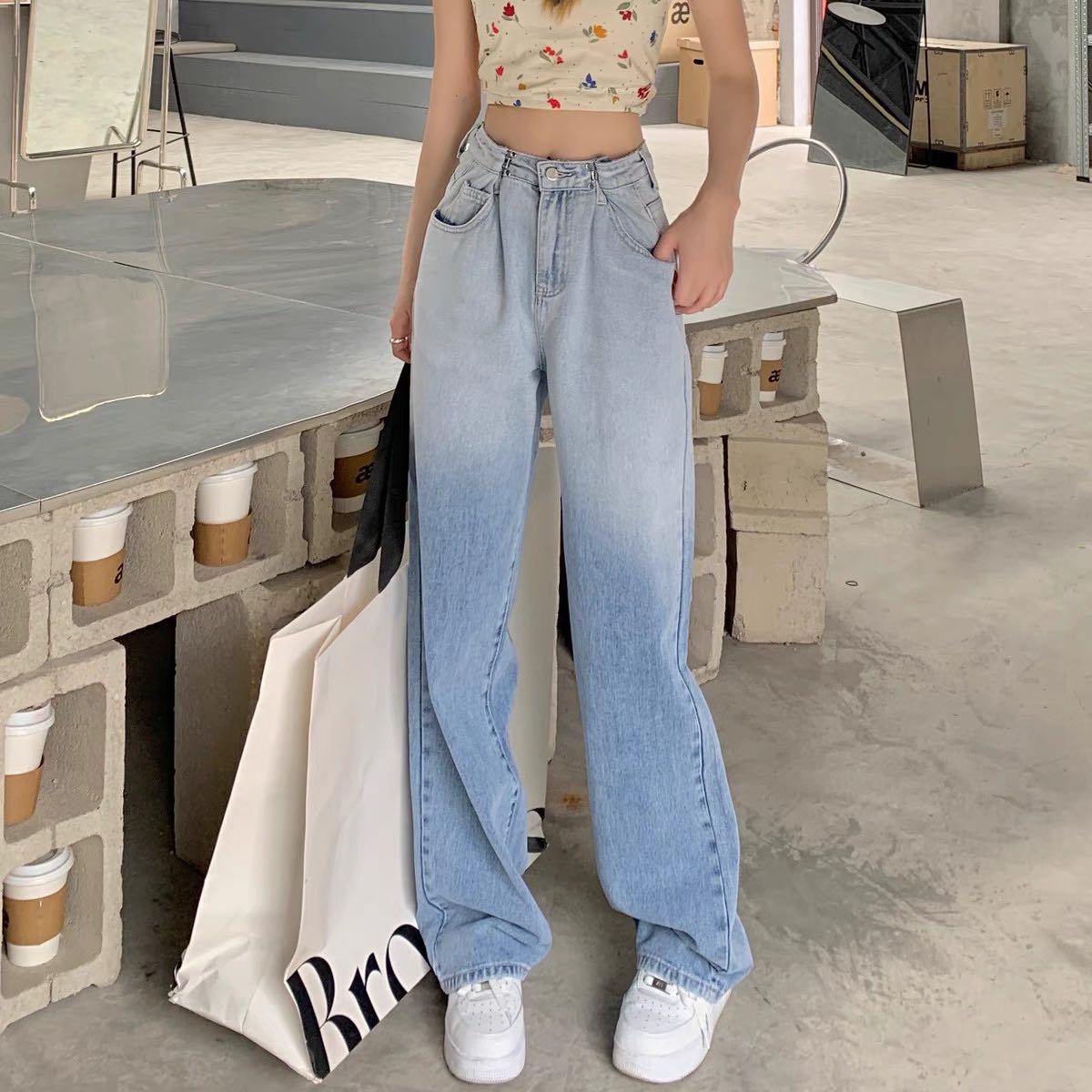 Two tone denim high waist mop jeans