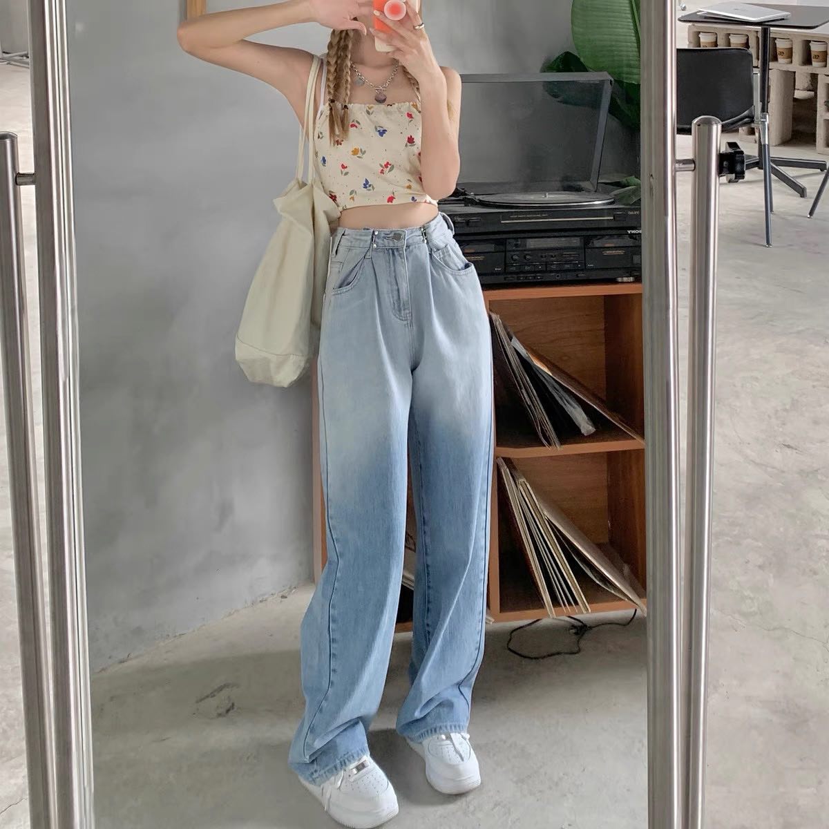 Two tone denim high waist mop jeans