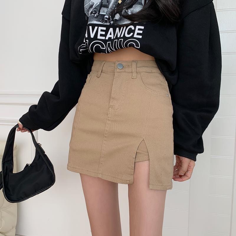 Denim high waist slit skirt