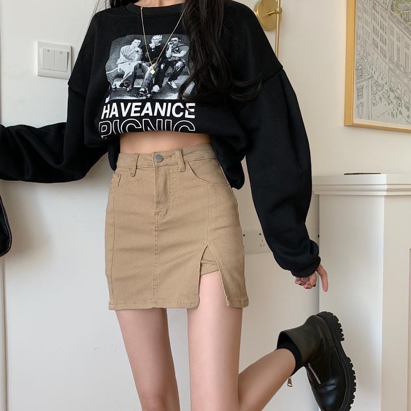 Denim high waist slit skirt