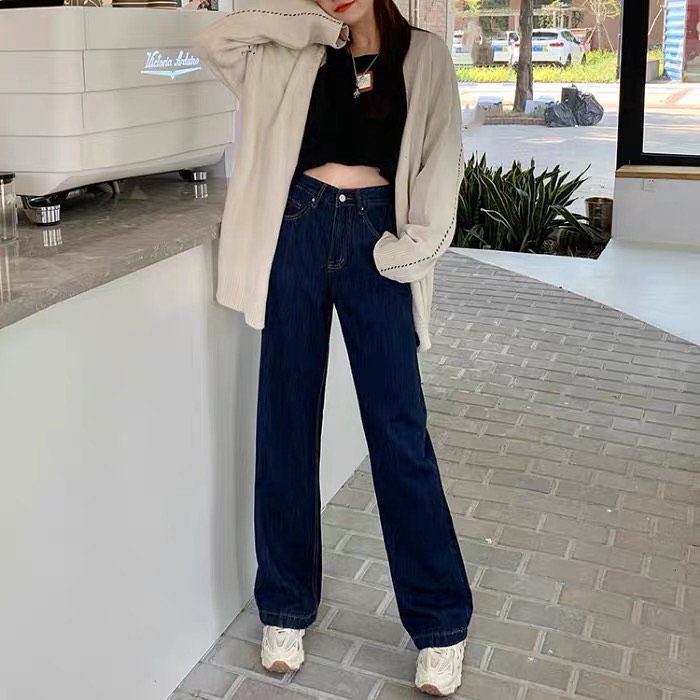 Dark blue denim high waist pants