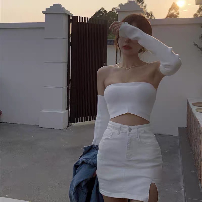 Denim high waist skort