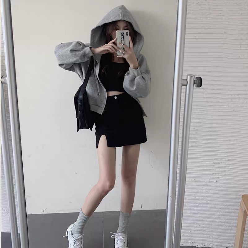 Denim high waist skort