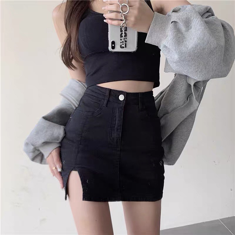 Denim high waist skort