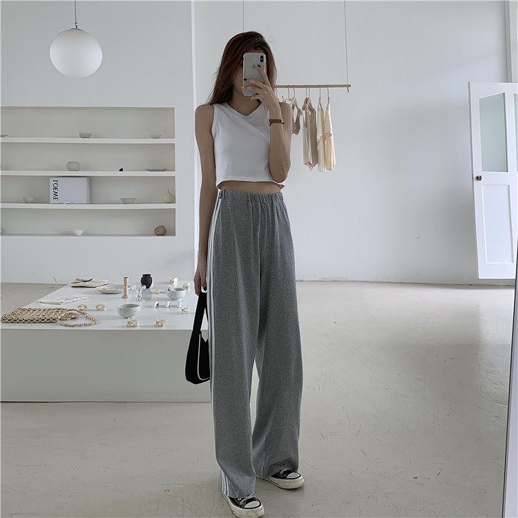 High waist stretchable 3 stripes long pants