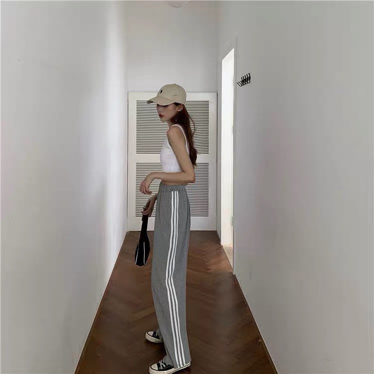 High waist stretchable 3 stripes long pants