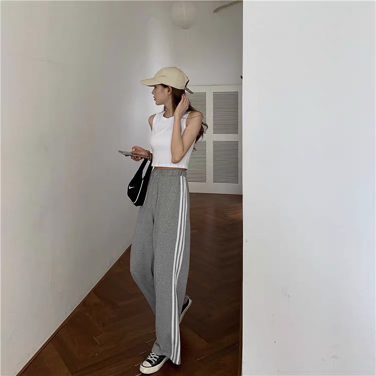 High waist stretchable 3 stripes long pants
