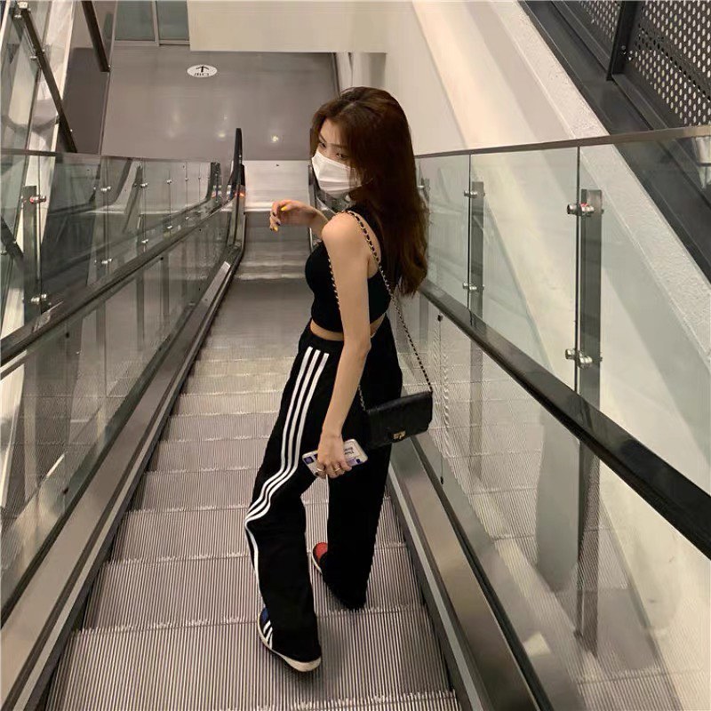 High waist stretchable 3 stripes long pants
