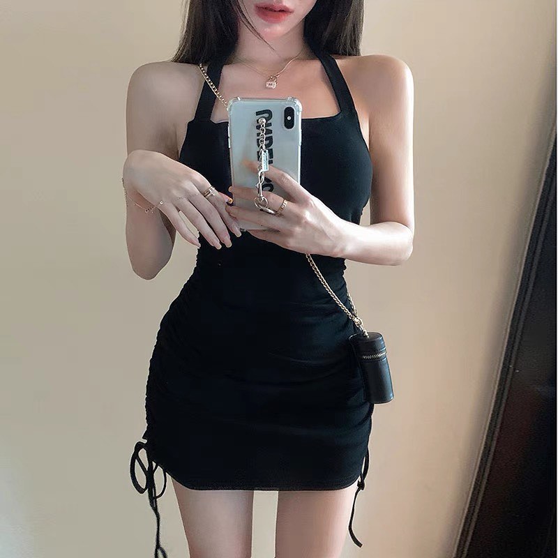 Halter neck drawstring dress